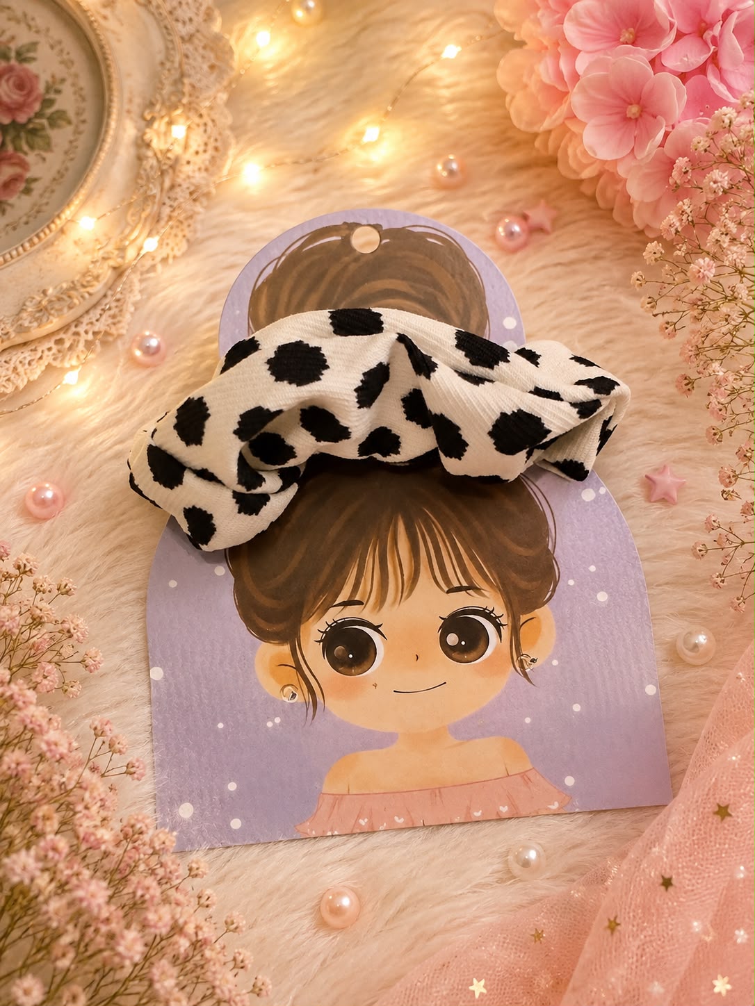 White and Black Polka Dot Scrunchie